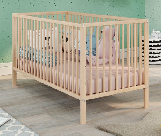 Babyzimmer Babybett Universal in Massivholz Buche Klarlack Gitterbett mit Schlupfsprossen und Lattenrost Liegeflche 70 x 140 cm