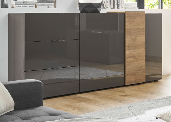 Sideboard Positano in grau Hochglanz und Eiche Mercure Kommode 181 x 94 cm