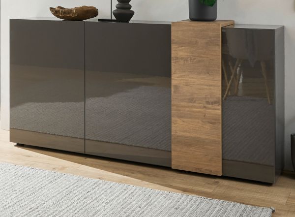 Sideboard Positano in grau Hochglanz und Eiche Mercure Kommode 181 x 94 cm