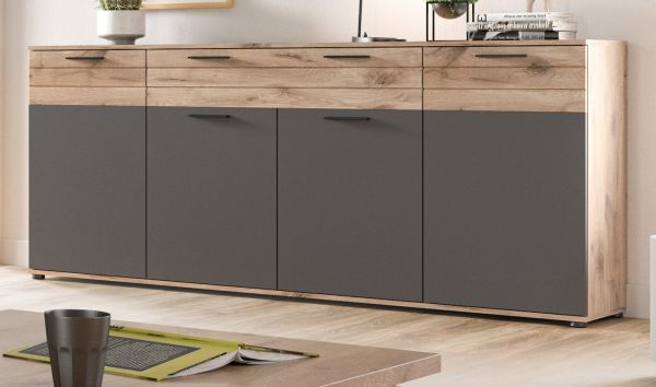 Sideboard Mason in Nox Eiche und Basalt grau Wohn- und Esszimmer Kommode 200 x 91 cm