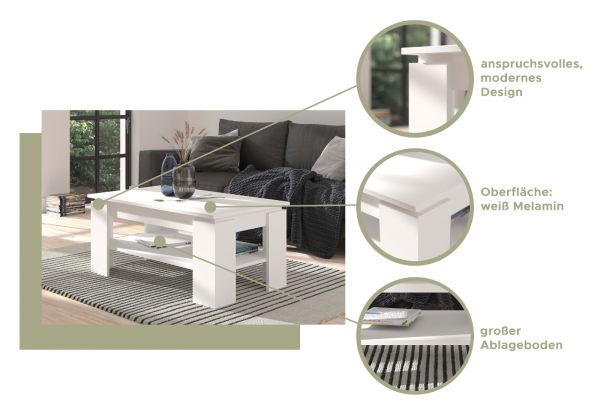 Couchtisch Selen in wei Beistelltisch mit Ablage 100 x 60 cm