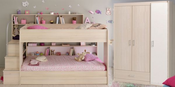 Parisot Kinder- und Jugendzimmer Bibop43 in Akazie Komplett-Set 3-teilig mit Etagenbett, Bettschubkasten und Kleiderschrank