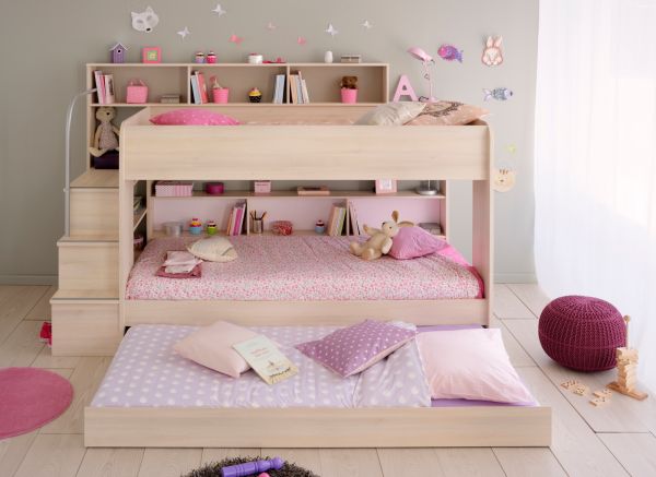 Parisot Kinder- und Jugendzimmer Bibop43 in Akazie Komplett-Set 3-teilig mit Etagenbett, Bettschubkasten und Kleiderschrank