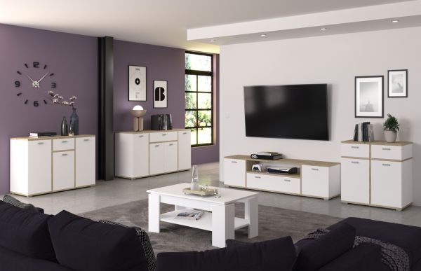 Kommode Soley in wei und Sonoma Eiche hell, Sideboard 79 x 84 cm mit Soft-Close