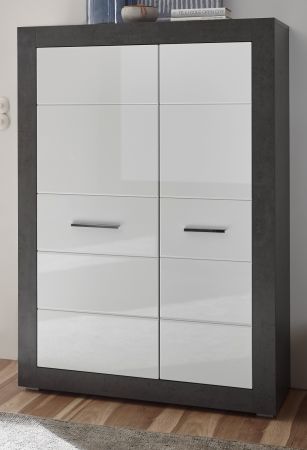 Highboard Briard in wei Hochglanz und grau Stone Wohn- und Esszimmer Kommode 100 x 142 cm