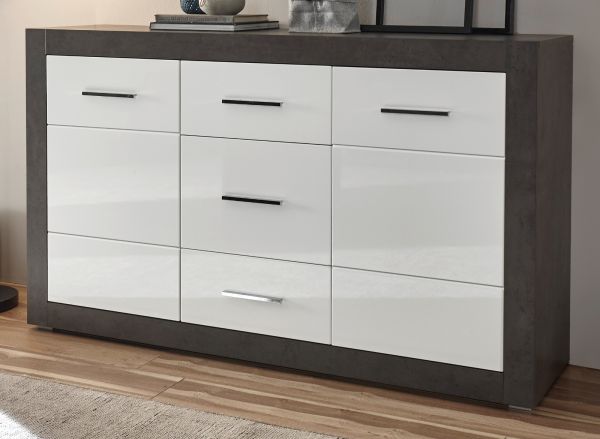 Sideboard Briard in wei Hochglanz und grau Stone Wohn- und Esszimmer Kommode 164 x 97 cm