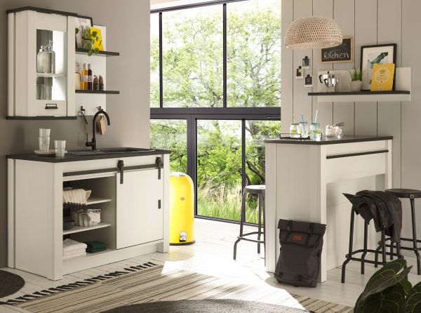 Kche mit Theke Stove in wei Pinie und anthrazit Landhaus Kchenschrank Set 5-teilig