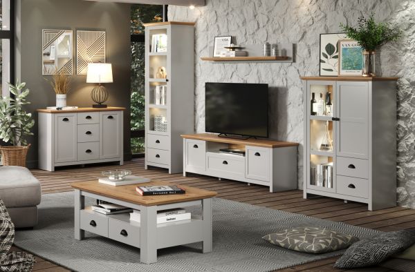 Vitrine Landside in grau und Eiche Artisan Landhaus Wohn- und Esszimmer Vitrinenschrank 65 x 201 cm