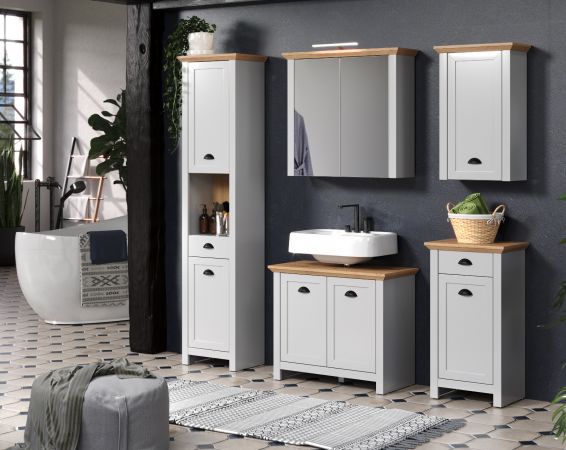 Badezimmer Spiegelschrank Landside in grau und Eiche Artisan Landhaus Badschrank 2-trig 78 x 73 cm