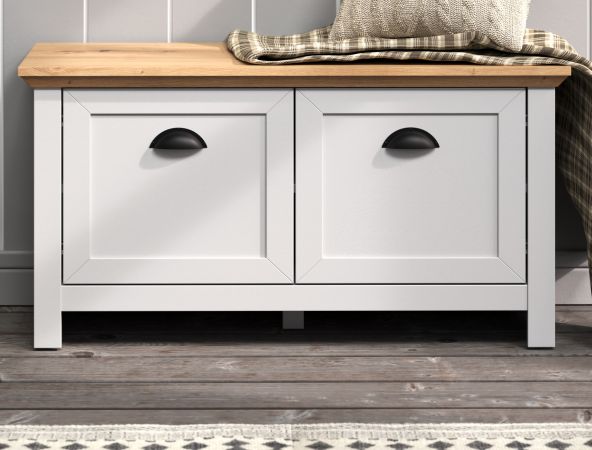 Garderobe Sitzbank Landside in grau und Eiche Artisan Landhaus Garderobenbank 91 x 49 cm