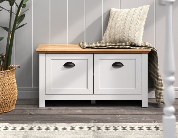 Garderobe Sitzbank Landside in grau und Eiche Artisan Landhaus Garderobenbank 91 x 49 cm
