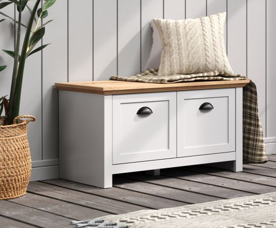 Garderobe Sitzbank Landside in grau und Eiche Artisan Landhaus Garderobenbank 91 x 49 cm