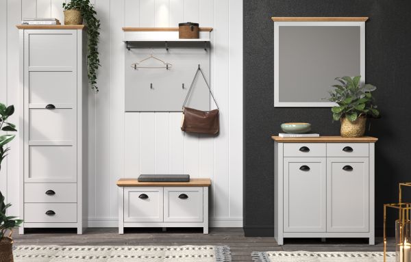 Garderobe Sitzbank Landside in grau und Eiche Artisan Landhaus Garderobenbank 91 x 49 cm
