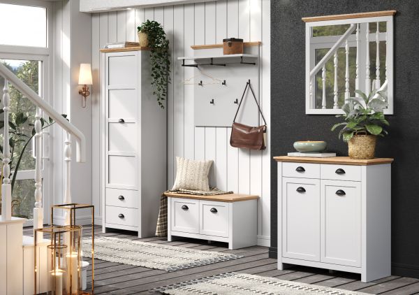 Garderobe Sitzbank Landside in grau und Eiche Artisan Landhaus Garderobenbank 91 x 49 cm