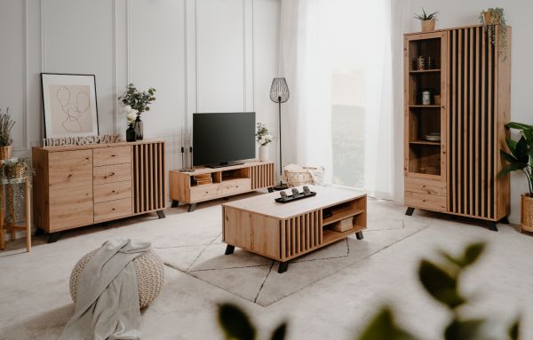 Sideboard Madem in Artisan Eiche und Anthrazit mit 3D-Lamellen Wohn- und Esszimmer Kommode 160 cm
