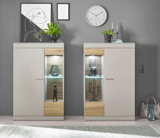 Schrank Set 2-teilig Griego in Kieselgrau matt und Zinneiche Wohnkombination 2 x Vitrine 190 x 139 cm