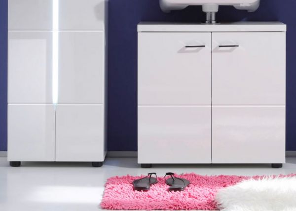 Badezimmer Waschbeckenunterschrank "Nightlife" in weiß Hochglanz Badschrank 65 x 63 cm