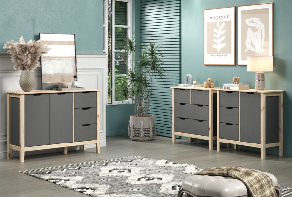 Sideboard Latera in Massivholz Kiefer grau lackiert Wohn- und Esszimmer Kommode 110 x 79 cm