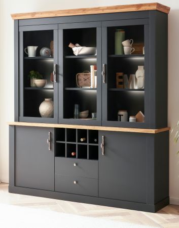 Buffetschrank Ribera in grau und Wotan Eiche Landhaus Vitrinenschrank mit Flaschenregal 184 x 205 cm