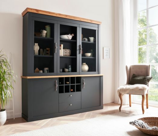 Buffetschrank Ribera in grau und Wotan Eiche Landhaus Vitrinenschrank mit Flaschenregal 184 x 205 cm