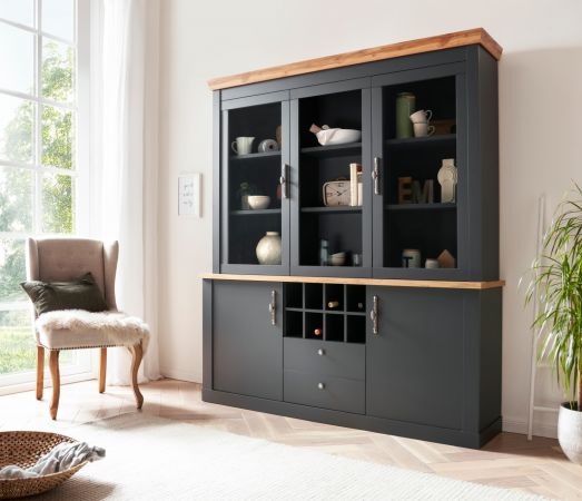 Buffetschrank Ribera in grau und Wotan Eiche Landhaus Vitrinenschrank mit Flaschenregal 184 x 205 cm