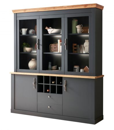 Buffetschrank Ribera in grau und Wotan Eiche Landhaus Vitrinenschrank mit Flaschenregal 184 x 205 cm