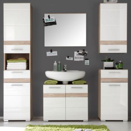 Badezimmer Badmbel Set SetOne in wei Hochglanz und Eiche San Remo 5-teilig 160 x 182 cm