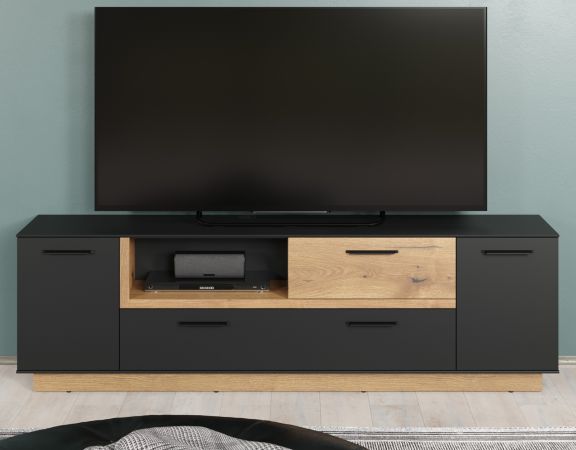 TV-Lowboard Synnax in grau und Evoke Eiche TV Unterteil mit Komforthhe 187 x 59 cm