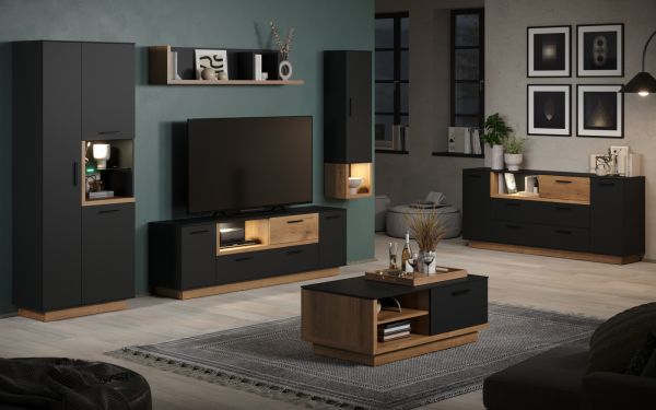 TV-Lowboard Synnax in grau und Evoke Eiche TV Unterteil mit Komforthhe 187 x 59 cm