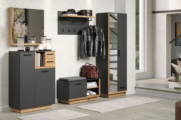 Garderobe Sitzbank Synnax in grau und Evoke Eiche Garderobenbank und Schuhschrank 90 x 48 cm