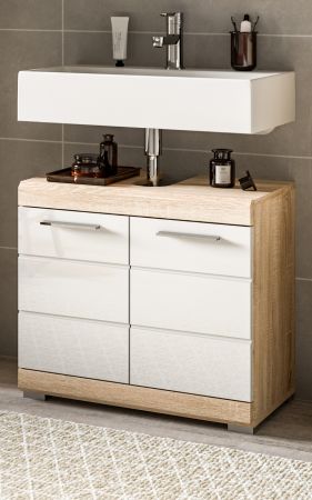Badezimmer Waschbeckenunterschrank Lambada in wei Hochglanz und Sonoma Eiche Badschrank 60 cm