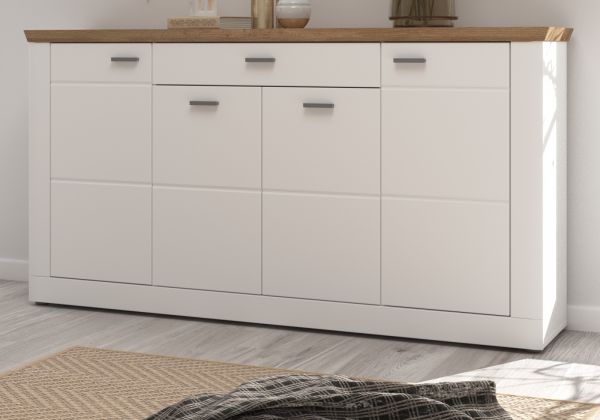 Sideboard Michigan in wei matt und Viking Eiche Kommode 159 x 88 cm, Soft-Close