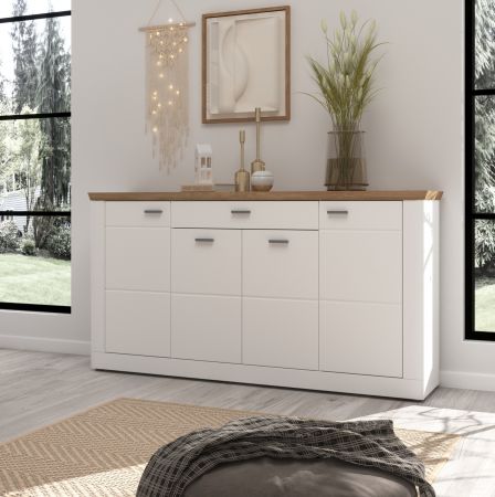Sideboard Michigan in wei matt und Viking Eiche Kommode 159 x 88 cm, Soft-Close