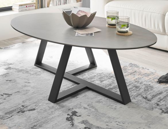 Couchtisch Elbing in Keramik grau und schwarz Beistelltisch oval 120 cm