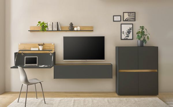 Broregal Center in Wotan Eiche und grau matt Wandregal fr Homeoffice und Bro 170 cm