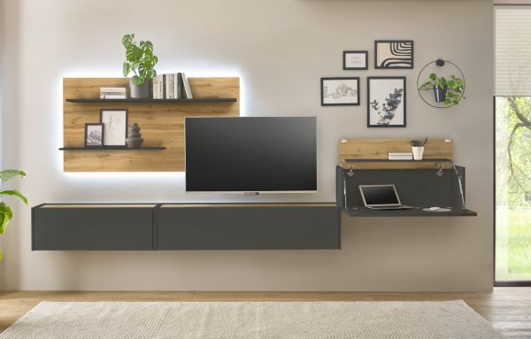Wandregal Center in Wotan Eiche und grau matt Wandpaneel fr Homeoffice und Bro 155 x 80 cm