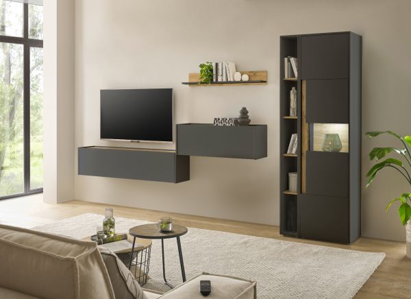 Wohnwand mit Sekretr Center in grau matt und Wotan Eiche Wohnkombination 5-teilig 340 x 200 cm
