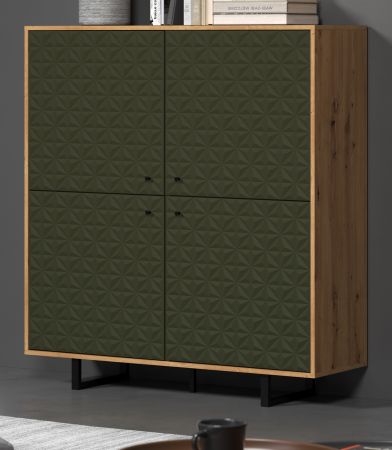 Highboard Sentra in grn matt mit 3-D Struktur und Eiche Artisan Wohn- und Esszimmer Kommode 124 x 136 cm