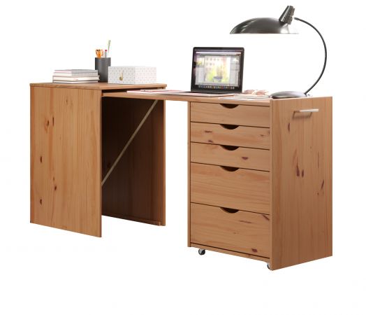 Schreibtisch Volterra in Kiefer Massivholz honigfarben lackiert Kommode ausziehbar zum Laptoptisch fr Homeoffice 57 - 163 cm