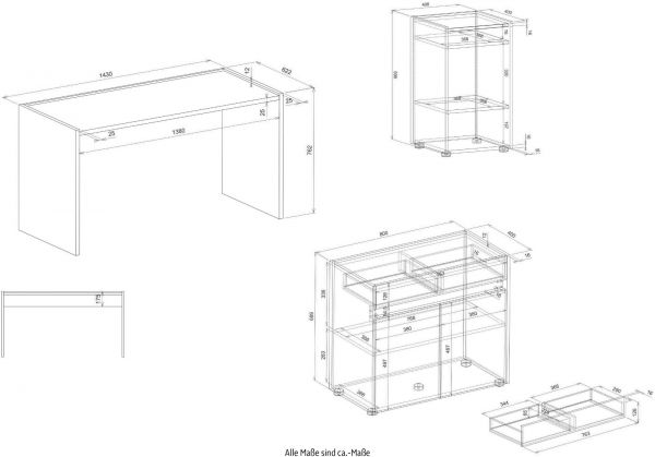 Brombel Set Center in wei und Wotan Eiche mit Schreibtisch, Kommode und Aktenregal fr Homeoffice