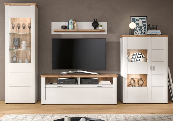TV-Lowboard Michigan in wei matt und Eiche TV Unterschrank 154 cm mit Komforthhe und Soft-Close
