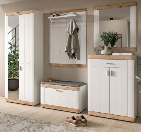 Garderobe Set 5-teilig Laredo in wei matt und Nox Eiche Landhaus Garderobenkombination 260 x 193 cm