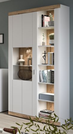 Vitrine Laredo in wei matt und Nox Eiche Landhaus Wohn- und Esszimmer Vitrinenschrank 100 x 206 cm