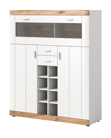 Highboard Laredo in wei matt und Nox Eiche Landhaus Wohn- und Esszimmer Vitrine 117 x 142 cm