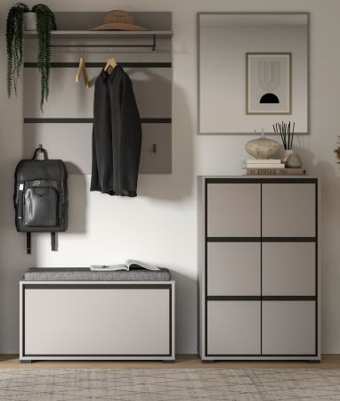 Garderobe Sitzbank Malik in grau und schwarz Flur Garderobenbank 85 x 45 cm, Soft-Close