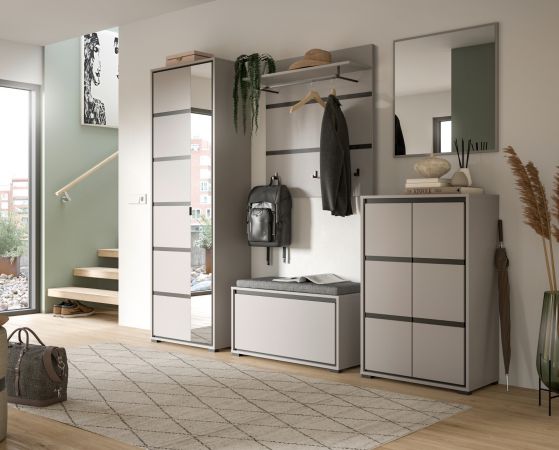 Garderobe Sitzbank Malik in grau und schwarz Flur Garderobenbank 85 x 45 cm, Soft-Close