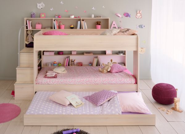 Parisot Kinder- und Jugendzimmer Bibop41 in Akazie Komplett-Set 3-teilig mit Etagenbett, Bettschubkasten und Kleiderschrank