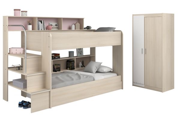 Parisot Kinder- und Jugendzimmer Bibop41 in Akazie Komplett-Set 3-teilig mit Etagenbett, Bettschubkasten und Kleiderschrank