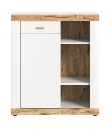 Kommode Laredo in wei matt und Nox Eiche Landhaus Wohn- und Esszimmer Highboard 91 x 104 cm