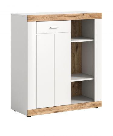 Kommode Laredo in wei matt und Nox Eiche Landhaus Wohn- und Esszimmer Highboard 91 x 104 cm